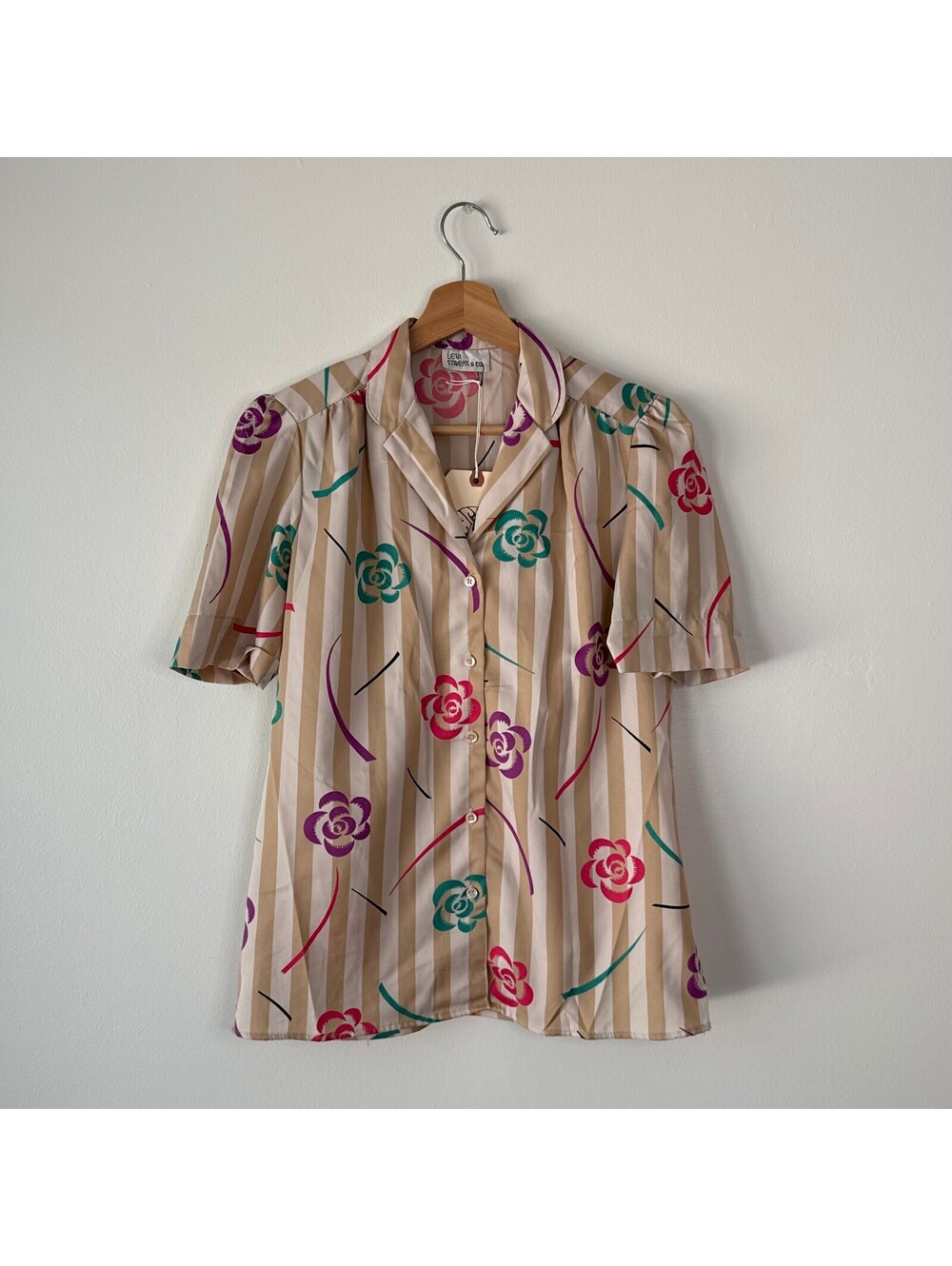 Vintage 80s Levis Strauss Floral Striped Short Sleeve Camp Collar Blouse